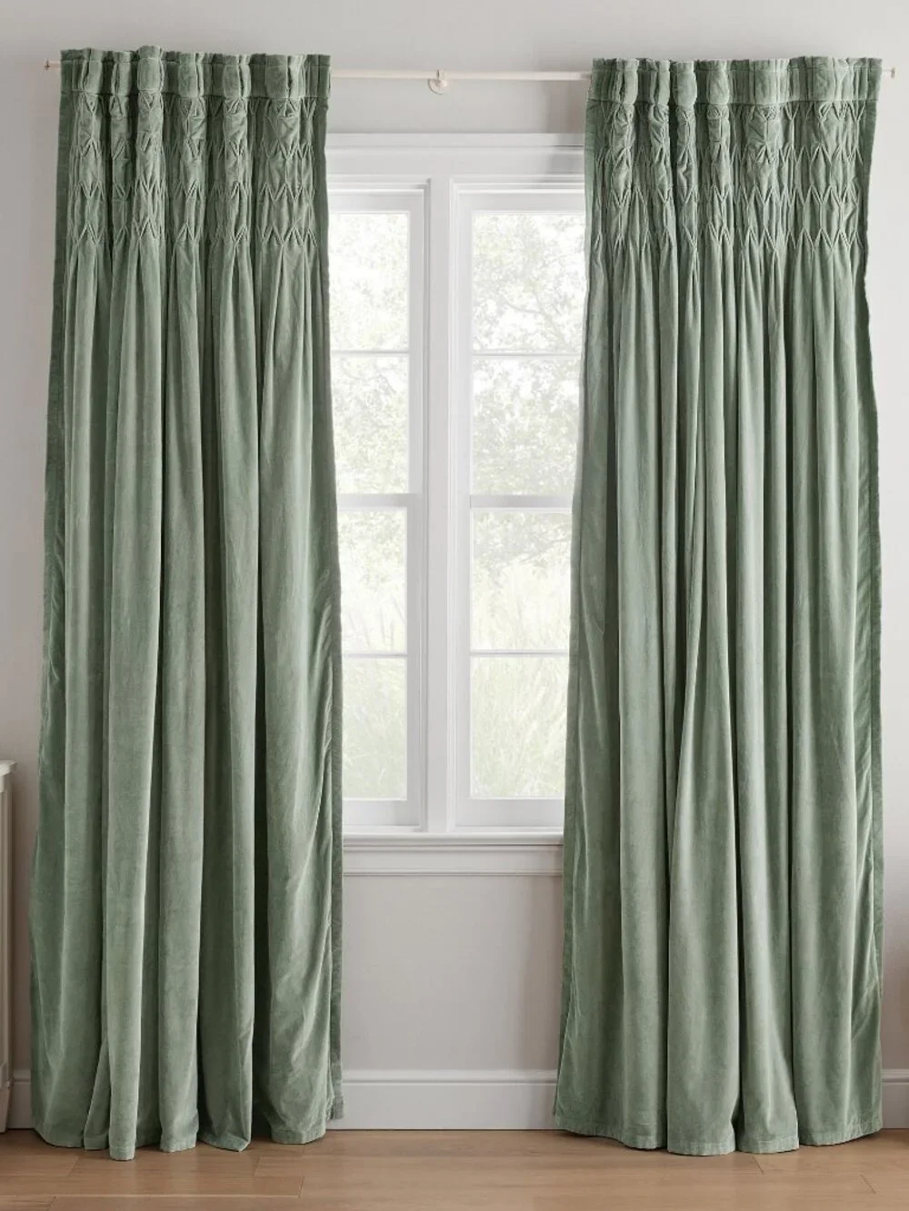 Pottery Barn Classic Velvet Smocked Top Blackout Curtain Sage Green 52 x 63 NWT